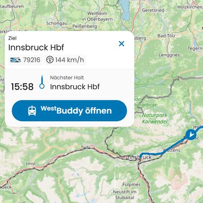 WestBuddy während der Abfahrt Westbahn ZugFinder